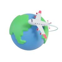 Passenger plane flying around the world. Holiday travel idea. 3D Rendering.