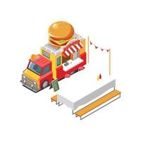 Diseño de ilustración de vector isométrico de camión de comida callejera de hamburguesas