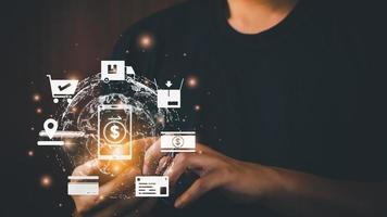 Concept e-commerce in the world of metaverse. Person using smartphones for online shopping, cybersecurity, online delivery services, online transactions, business from home, global internet network. photo