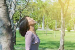 Women breathe oxygen in pure nature. Portrait woman. photo