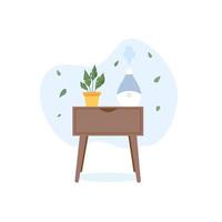 The humidifier is on the table with a house plant. Equipment for home or office. Ultrasonic air purifier in the interior. Concept Fresh air.Vector illustration. vector