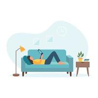 Girl works with laptop and lies on the sofa at home. Freelance or studying concept.Vector illustration in flat style. vector