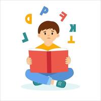 Dyslexia, inability to read. Learning disability concept. Sad boy holding a book. Scattered letters above his head.Flat vector illustration