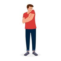 Allergic reaction of the patient. The concept of symptoms of eczema, psoriasis, atoric dermatitis. A man with a rash on his arm, scratching itchy pimples. Vector i