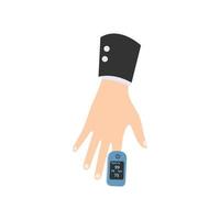 Pulse Oximeter portable digital device to measure person's oxygen saturation. Device on  female hand. vector