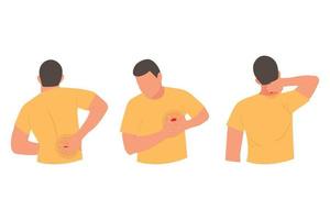Set of character men with pain in different parts of the body. Backache, heartache, vector