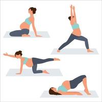 conjunto de posturas de yoga para mujeres embarazadas. ejercicio prenatal. Ilustración vectorial sobre fondo blanco. mujer en diferentes poses, asanas vector