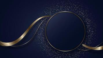 Abstract modern luxury dark blue circle shape and golden ring with gold glitter ribbon lines on dark background vector