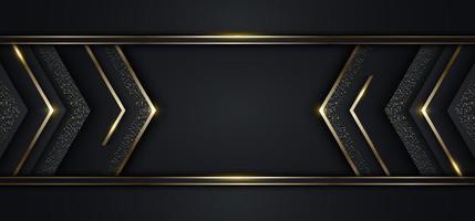 Modern luxury banner template design black arrow triangles and golden glitter 3D gold stripes line light sparking on dark background vector