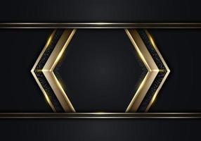 diseño de plantilla de banner de lujo moderno triángulos de flecha negra y brillo dorado 3d rayas doradas línea de luz chispeando sobre fondo oscuro vector