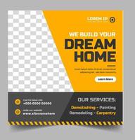 Construction social media post banner design Template with yellow color, Corporate construction tools social media post design,  home improvement banner template, home repair social media post banner. vector