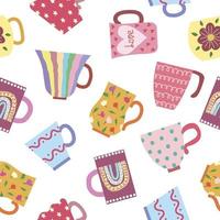 Seamless pattern of vintage mugs. Hand-drawn with a naive Scandinavian style vector