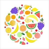 Collection of fruits in round frame. Composition of juicy fruits and berries, banner, poster, postcard. Natural healthy product for a healthy diet. Watermelon, banana, pear, strawberry, apple, orange vector