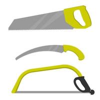 Set of various types of saws. Pruning saw, bow saw. Gardening tools for cutting branches, trimming trees vector