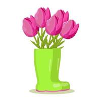 bright pink flowers tulips in rubber boots vector