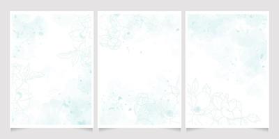 blue watercolor wash splash line art peony flower bouquet frame 5x7 invitation card background template collection vector