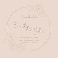 doodle line art peony flower circle wreath frame minimal wedding invitation template vector