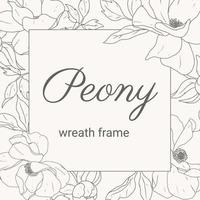 doodle line art peony flower bouquet wreath square frame banner background vector