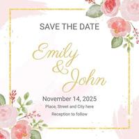 loose watercolor colorful roses and  wild flowers bouquet with golden luxury square frame wedding invitation card template vector