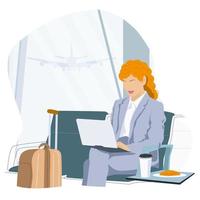 hermosa mujer de negocios rizada de pelo rojo trabaja en una laptop revisando su vuelo o check-in en línea en el aeropuerto, con equipaje vector