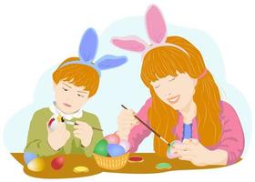 retrato de hijo feliz y mamá pintando huevos de pascua vector