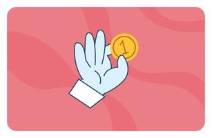 Cartoon hand holding golden coin vector eps. A metal coin in palm flat design illustration, on a red background.