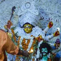 Goddess Durga with traditional look in close up view at a South Kolkata Durga Puja, Durga Puja Idol, A biggest Hindu Navratri festival in India photo