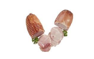 Thinly sliced ham isolated on white background photo