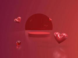 3D render scene podium oval cylindrical realistic hearts on a red background 3D rendering of ,advertising mockup