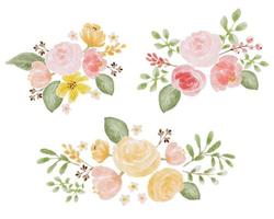 loose watercolor colorful roses and  wild flowers bouquet elements isolated on white backgound digital painting