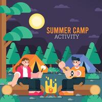 Having A Bonfire And Playing Guitar While Roasting Marshmallows At Summer Camp vector