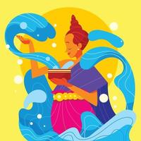 mujer tailandesa tradicional con un cuenco de agua en el día de songkran vector