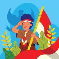 Indonesian Scout Boy Saluting to Indonesian Flag