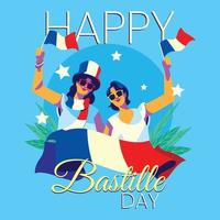 dos chicas celebrando el día de la bastilla con banderas de francia vector