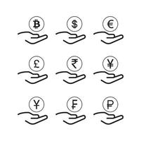 different currencies in hand icon on white vector