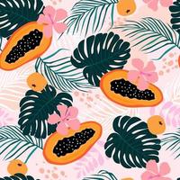 Seamless pattern with tropical monstera leaves, palm trees and fruits. Exotic print with plants from the jungle. Vector graphics.