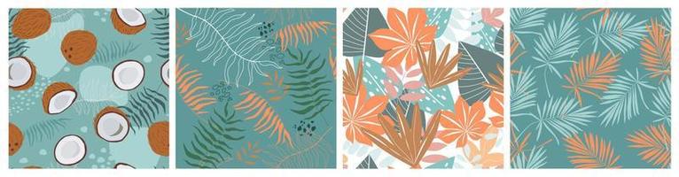 A set of seamless patterns with tropical leaves and coconut fruits. Exotic print with plants from the jungle. Vector graphics.