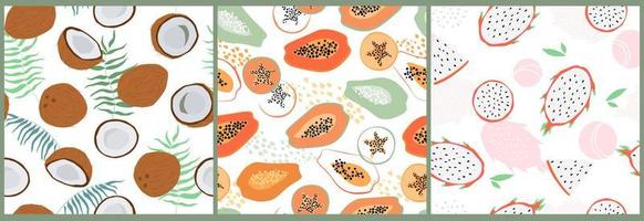 A set of seamless pattern with coconut and palm leaves, papaya, passion. Tropical abstract summer print with fruit. Vector graphics.