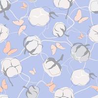 Seamless pattern with summer abstract ornament of cotton plants and butterflies. Simple nature minimalistic print. Vector graphics.