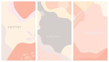 A set of vertical vector design templates in a simple contemporary style with leaves and abstract shapes, with space for copying text, backgrounds for invitations, desktop wallpapers in social media.