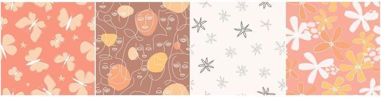 A set of seamless patterns with a summer, natural ornament. Butterflies, women's faces, flowers, leaves line art. Vector graphics.