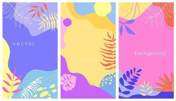 A set of vertical vector design templates in a simple contemporary style with summer tropical leaves, abstract shapes, with space for copying text, desktop wallpapers in social media.