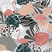 Seamless pattern with flamingo birds, tropical palm leaves and monstera. Animal exotic print. Vector graphics.