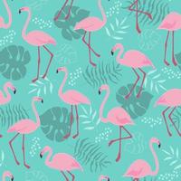 Seamless pattern with flamingo birds, tropical palm leaves and monstera. Animal exotic print. Vector graphics.