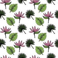 A seamless pattern of a tropical strelitzia flower and leaves. Hand-drawn elements in a doodle style sketch, bright flower and greenery. Tropics. Strelitzia. Isolated vector illustration.