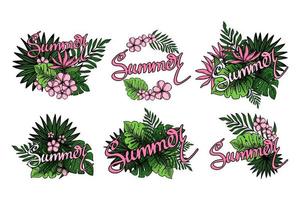 Set of stickers with summer lettering, palm leaf posters, jungle leaf, exotic flowers and handwriting. Vector made by hand in doodle style. Floral tropical summer background. Vector illustration