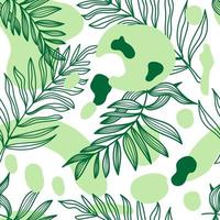 A seamless pattern of tropical elements, hand-drawn sketch-style elements. Palm leaves, lotus leaves, and foliage. Juicy green color. Tropics. Summer. Isolated vector