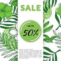 Discount banner, discount poster decorated with monochrome tropical leaves and strelitzia flowers. Tropical palm leaves, monster and hand-drawn sketch elements. Vector illustration