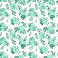 A seamless pattern of monochrome tropical elements, hand-drawn doodle-style elements. Strelicia flower, palm leaves, lotus leaves, and foliage. Tropics. Summer. Strelicia. Isolated vector