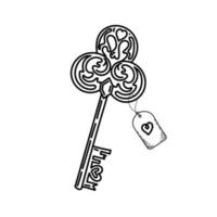 Vintage key, hand-drawn doodle in sketch style. Heart key. Decorative key. Tag on a string with a heart. Icon. Simple vector illustration